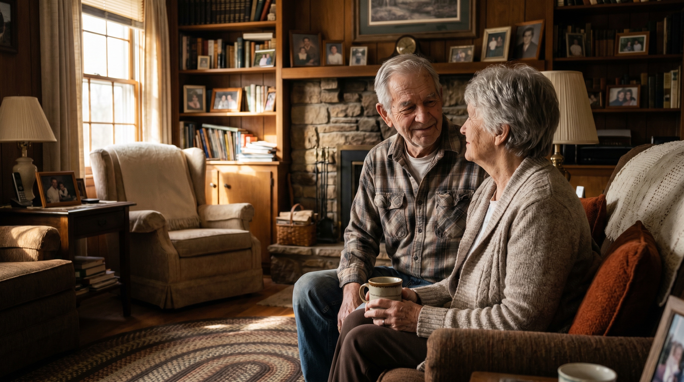 An elderly Kentucky couple sit together in their living room, family photographs lining the bookshelves and a stone fireplace behind them.